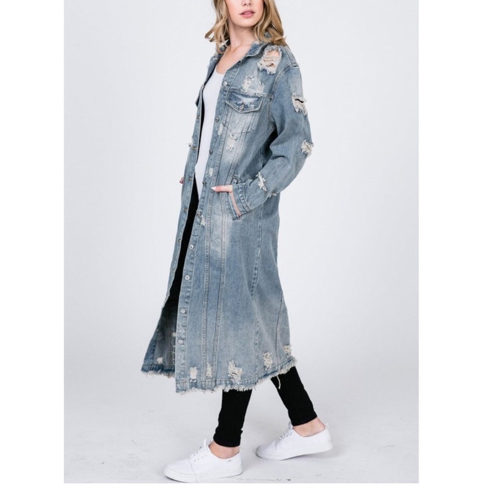 Destroyed Distressed Long Maxi Denim Jean Jacket - Picture 4 of 7